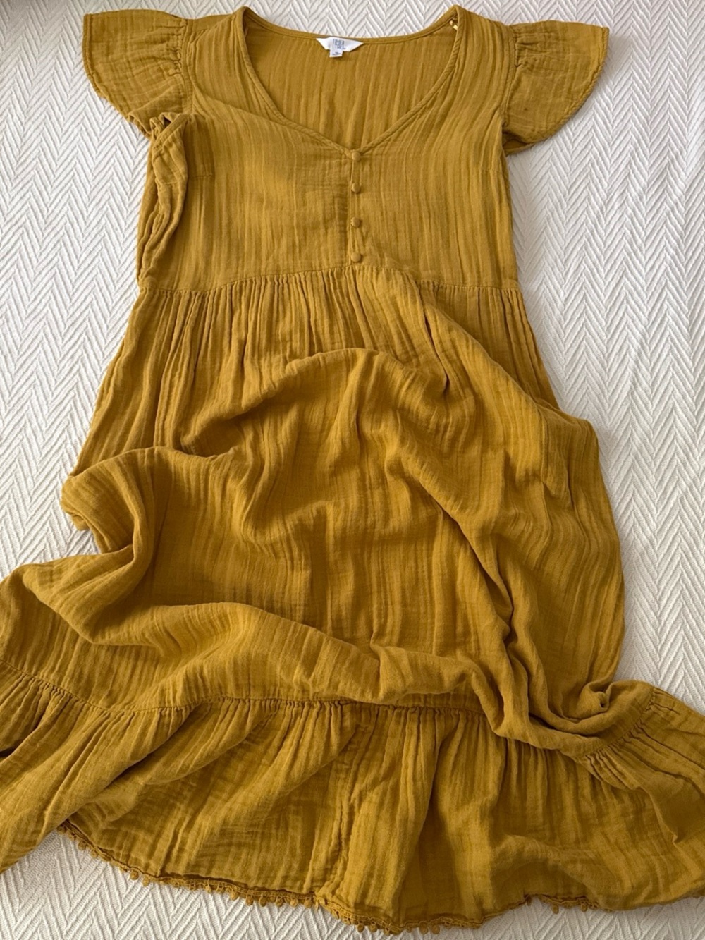 Time and Tru Mustard Tiered Gauze Maxi Dress with Flutter Sleeves